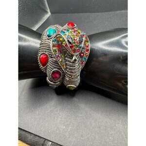 Vtg Snake Multicolored Faceted Rhinestone Bangle Wrap Bracelet Silver Tone Metal